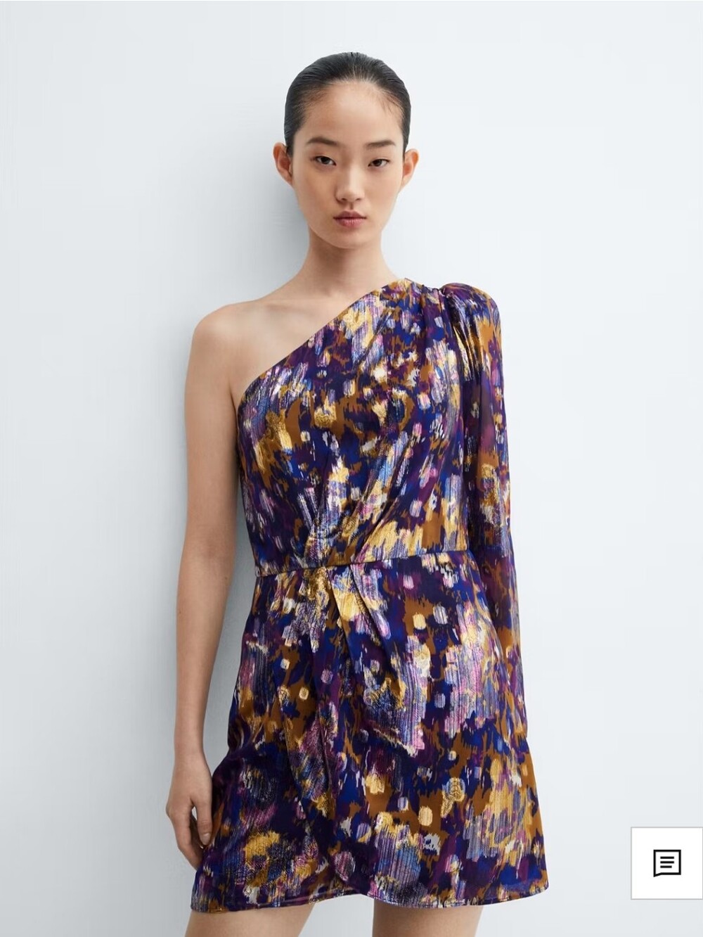 NWT Mango Metallic One-Shoulder Asymmetrical Purple Gold Print Mini Dress M